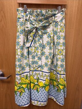 HER Destiny Lemon & Blue Floral Tie-Waist Midi Skirt Vacation Resortwear size L
